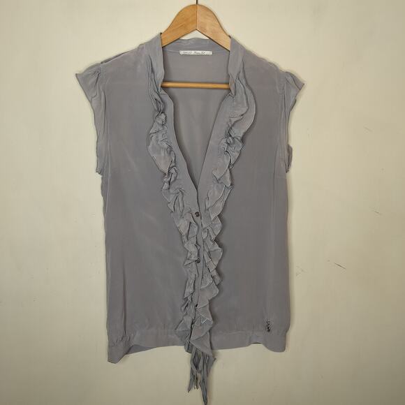 Gaudi Gray Silk Top Blouse Ruffled Button Front - Picture 1 of 11